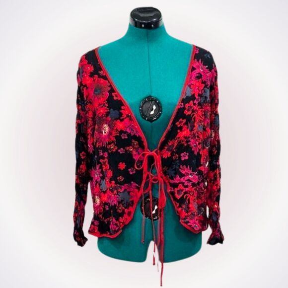 Free People Red Floral Tie Front Cardigan | Sz M, NWT - Picture 1 of 8
